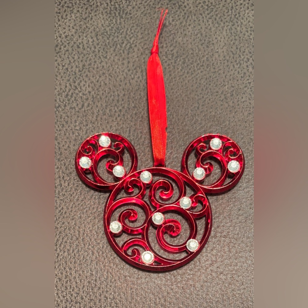 Disney Red Swirl Mickey Ornament with rhinestones